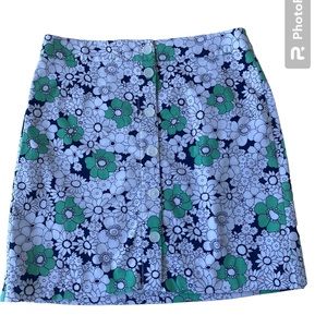 Ladies 8P Talbots Canvas Pencil Straight Skirt White Navy Green Floral Buttons